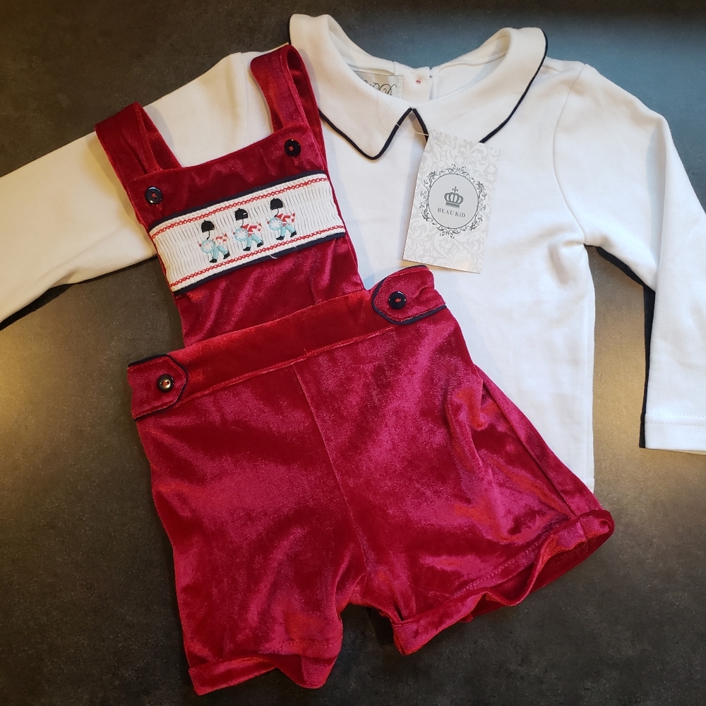 BEAU KID Soldier Red Velvet Overall Set 6-9M
